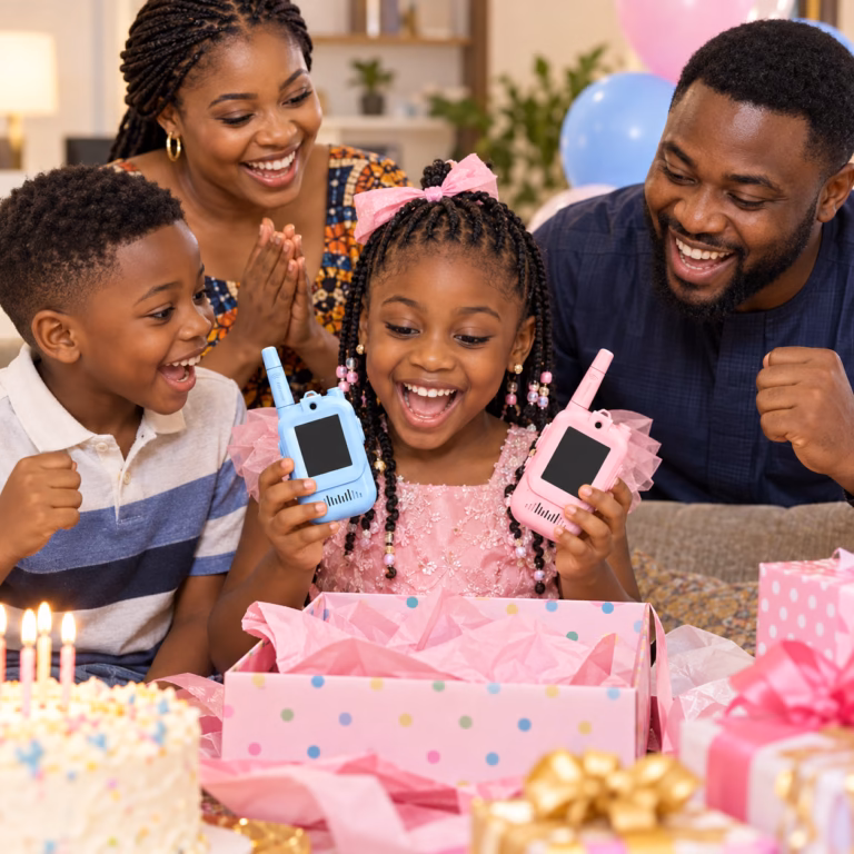 Nigerian family celebrating a birthday as children hold SmartieKids video walkie-talkies beside gifts