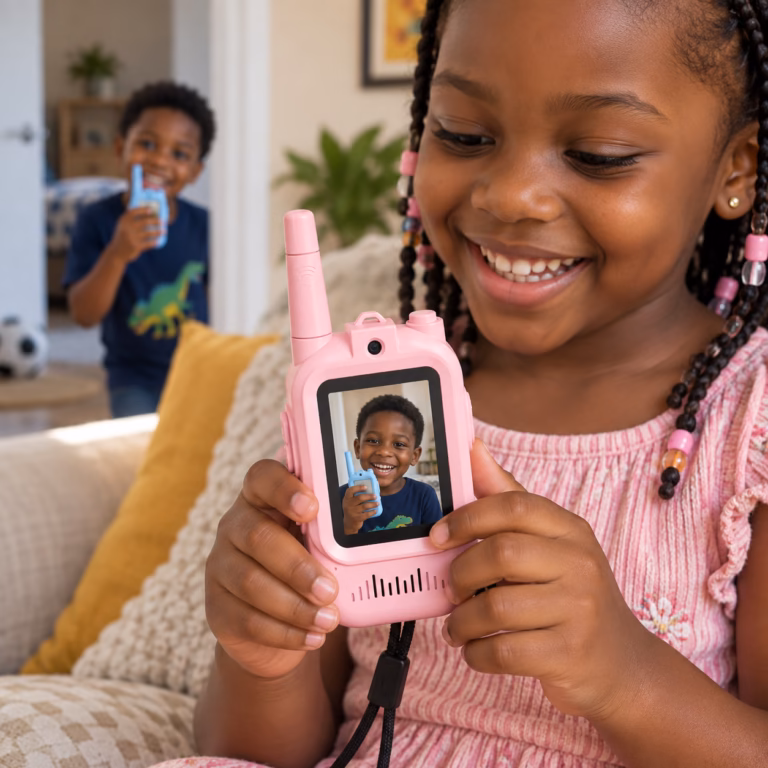 Nigerian girl smiling at a video call on her pink SmartieKids video walkie-talkie
