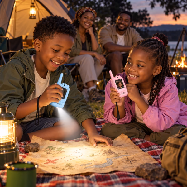 Nigerian family camping while a child uses the built-in flashlight on a SmartieKids handset