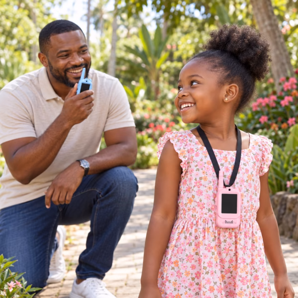 Nigerian father and daughter using SmartieKids video walkie-talkies outdoors