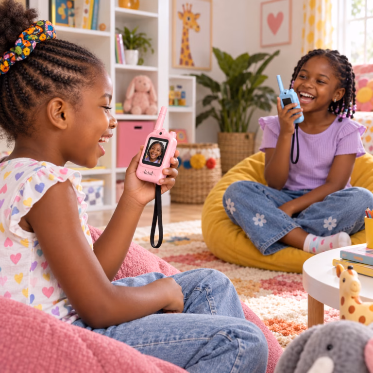 Nigerian friends laughing and talking through SmartieKids video walkie-talkies at home