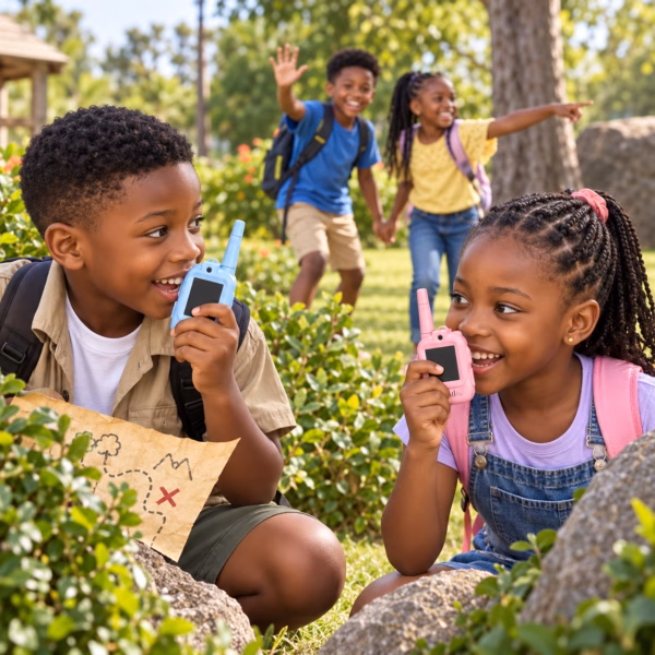 Nigerian children on an outdoor treasure hunt using SmartieKids video walkie-talkies