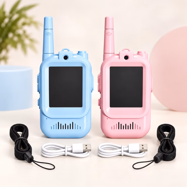 SmartieKids blue and pink video walkie-talkies with lanyards and USB charging cables