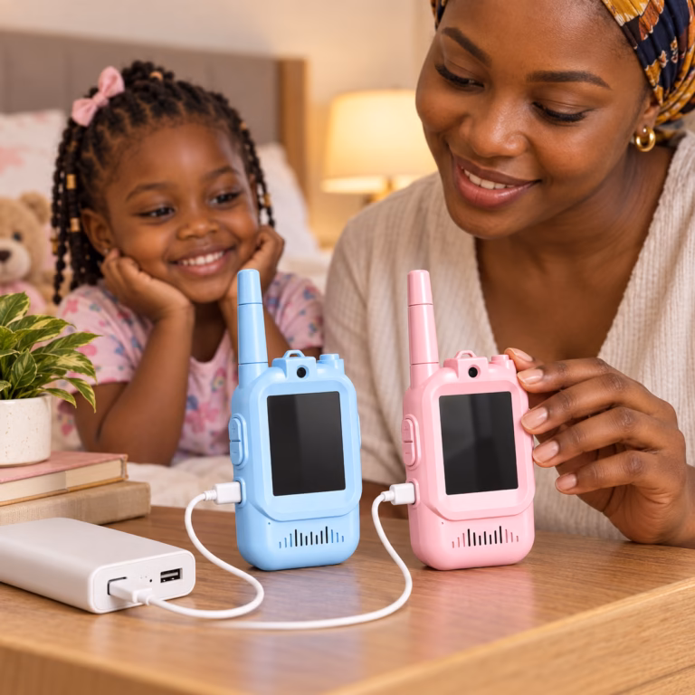 Nigerian mother and daughter with blue and pink SmartieKids handsets charging with USB cables