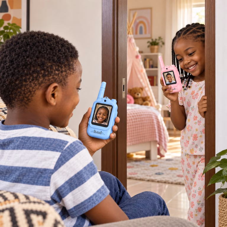 Nigerian brother and sister talking to each other through SmartieKids video walkie-talkies from different rooms