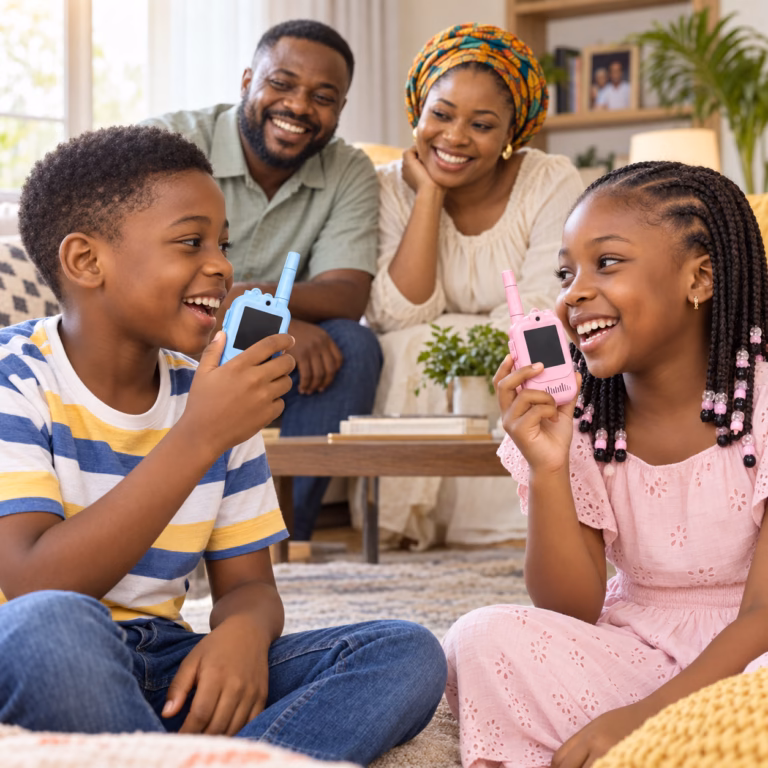 Nigerian family with two children on a sofa using SmartieKids video walkie-talkies