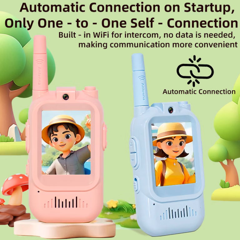 SmartieKids pink and blue video walkie-talkies connecting automatically with smiling children on their screens