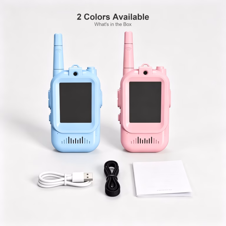 SmartieKids blue and pink video walkie-talkie handsets shown with a USB charging cable and lanyard