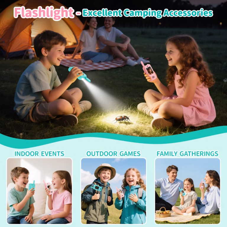 Children using the built-in flashlight on SmartieKids video walkie-talkies outdoors at dusk