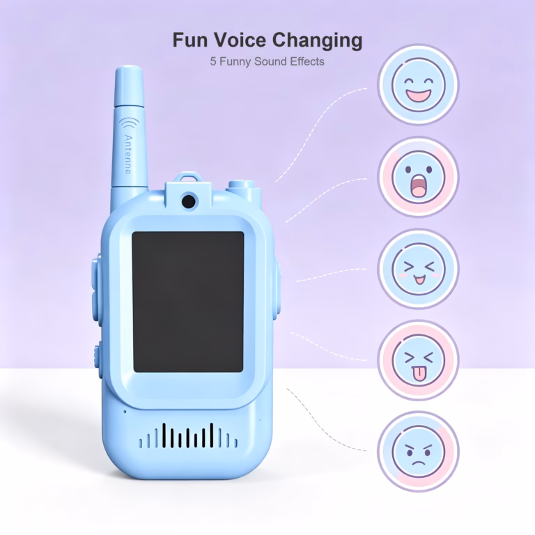 SmartieKids blue video walkie-talkie beside five funny voice effect icons