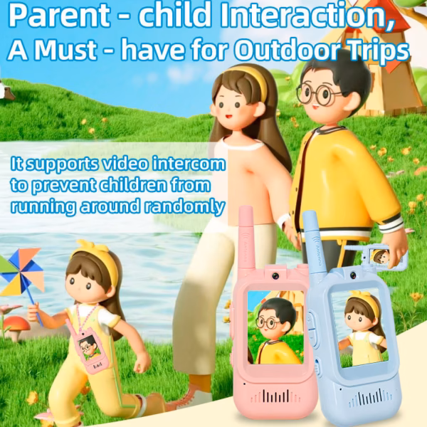 Illustration of a parent and child enjoying an outdoor trip with SmartieKids video walkie-talkies