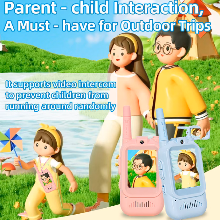Illustration of a parent and child enjoying an outdoor trip with SmartieKids video walkie-talkies