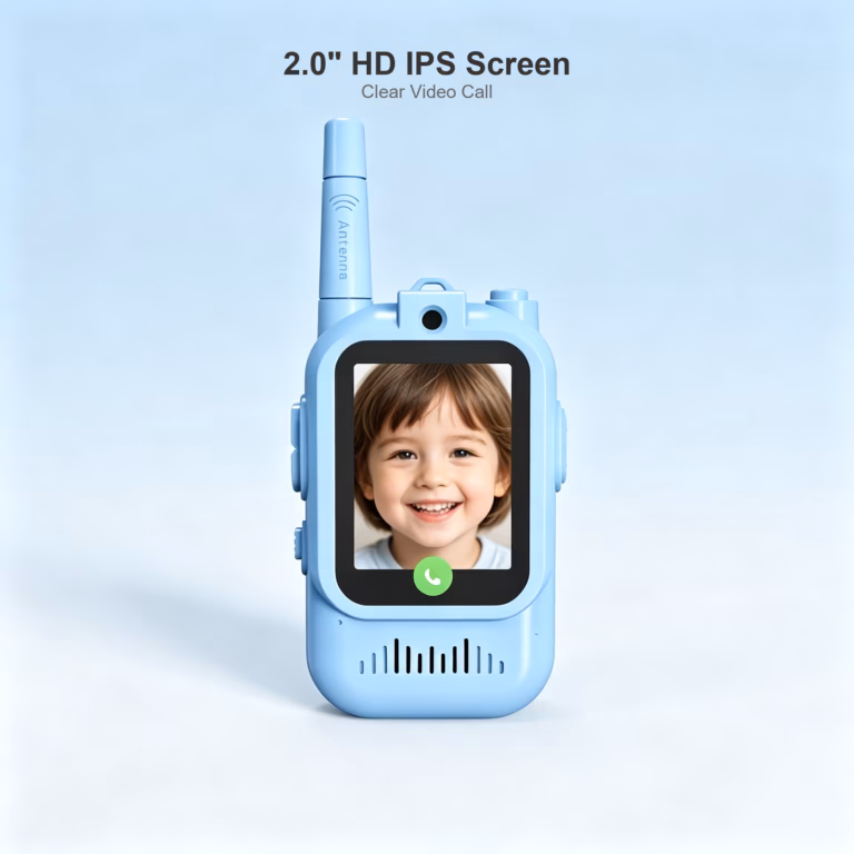 SmartieKids blue video walkie-talkie showing a child on its 2.0-inch IPS colour screen