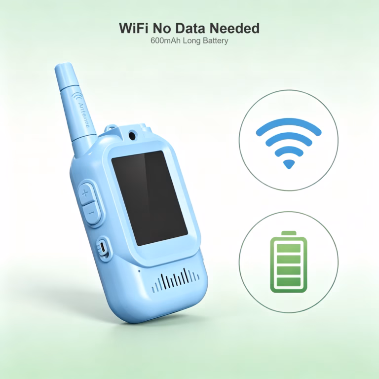 SmartieKids blue video walkie-talkie beside a battery icon for the 600mAh rechargeable battery