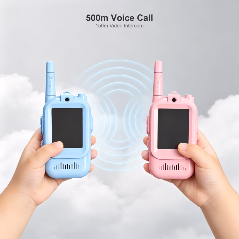 Blue and pink SmartieKids video walkie-talkies held by children, showing 500 metres voice range and 150 metres video range in open areas
